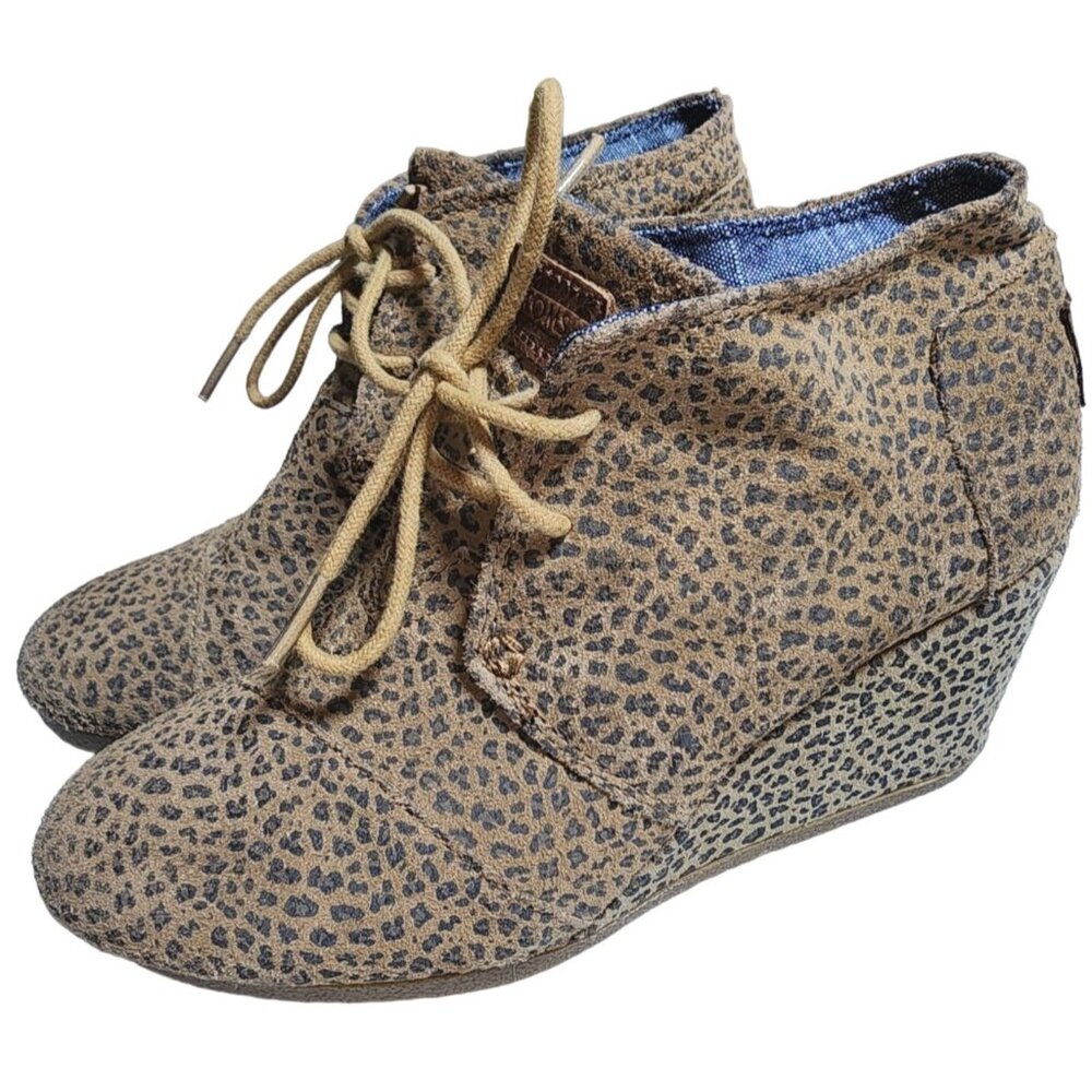 Women's Toms Brown Leopard Print Desert Wedge Suede Booties Shoes Size 6 Animal